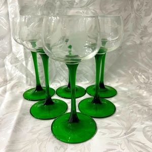 6 PC Luminarc France green stem wine glasses engraved Bird and Grape
